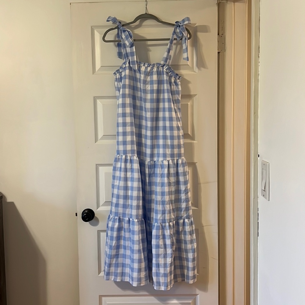 Amazon Blue and White Checkered Maxi with Tie Detail - NWOT - Large